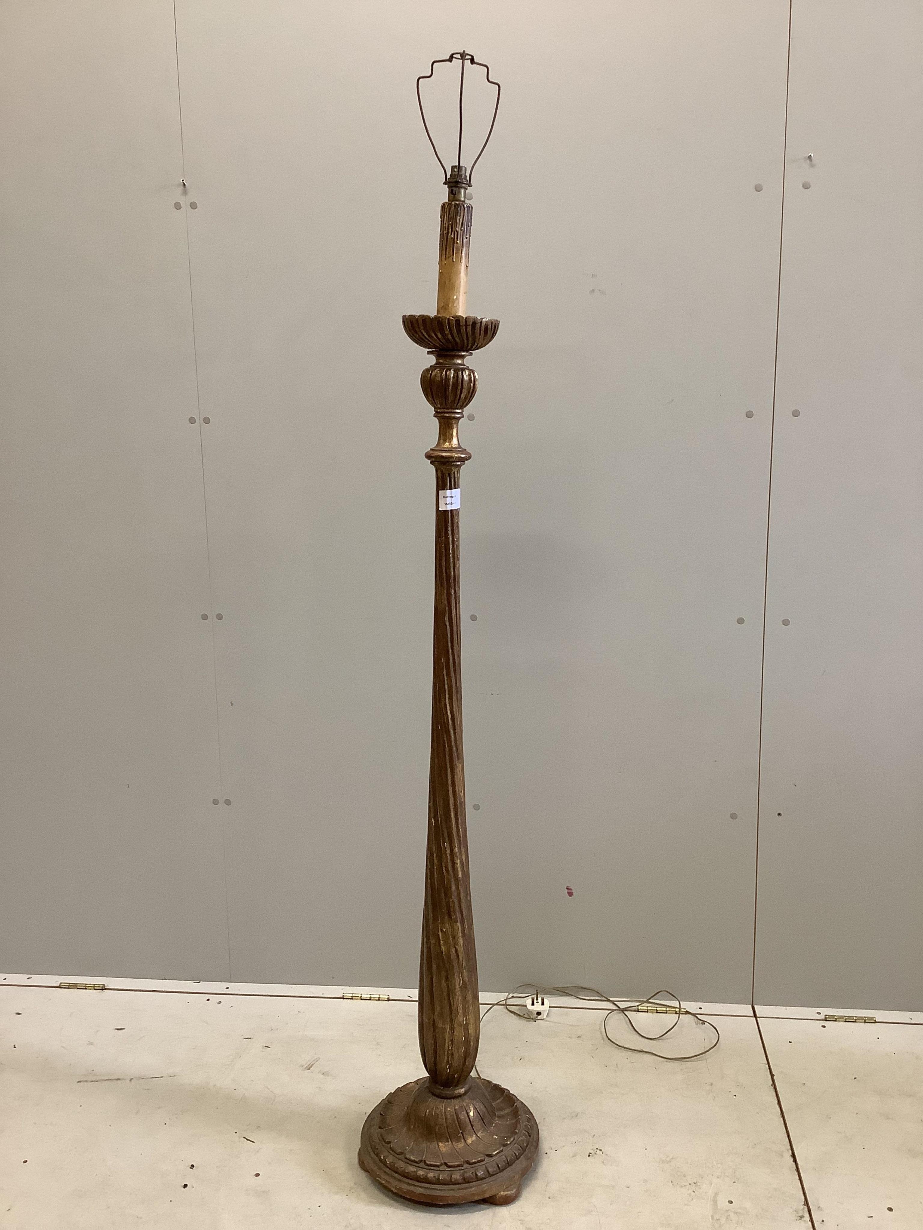 A gilt carved wood lamp standard, height including fittings 187cm. Condition - poor to fair